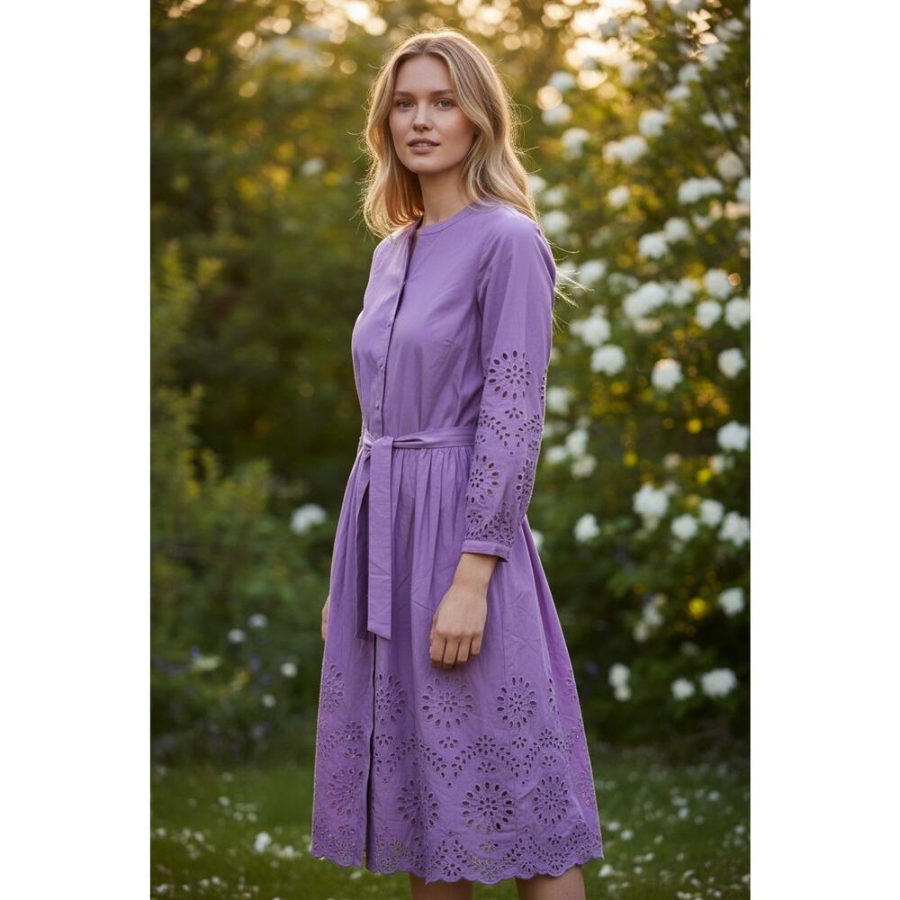 Talbots Lavender Eyelet Long-Sleeve Midi Dress